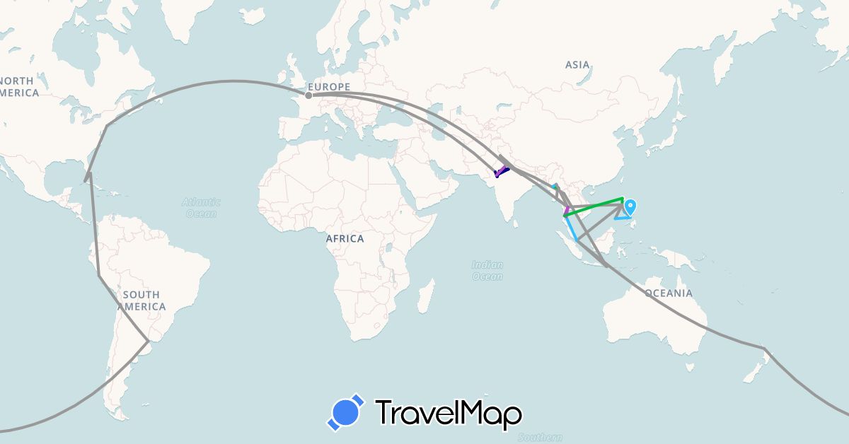 TravelMap itinerary: driving, bus, plane, train, hiking, boat in Argentina, Cuba, France, Indonesia, India, Myanmar (Burma), New Zealand, Peru, Philippines, Singapore, Thailand, United States (Asia, Europe, North America, Oceania, South America)